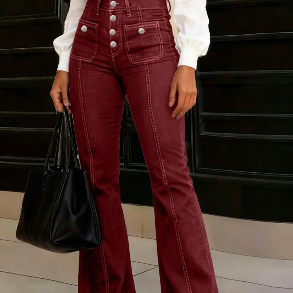 Burgundy Casual Women's European Style Mid-Waist Skinny flared Jeans
